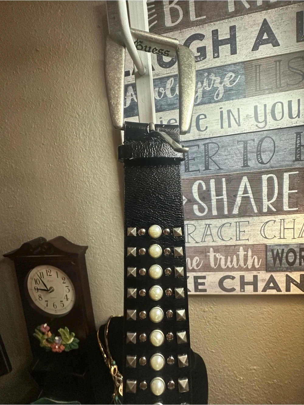 Guess Black Studded Pearl Accent Leather Belt with Silver Buckle 45” long